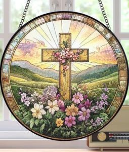 Christian Cross Wildflowers Stained Glass Suncatcher, Christian Faith Home Decor, Christian Glass Windows Hanging, Cross Gift For Religious