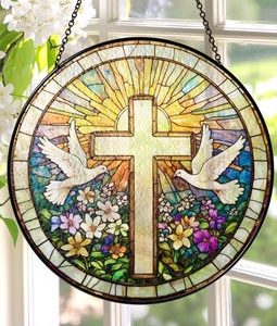 Cross And Wildflowers Stained Glass Suncatcher, Christian Glass Windows Hanging, Flower Cross Gift For Religious, Easter Faith Home Decor
