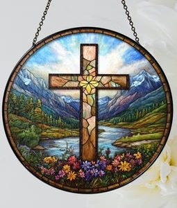 Christian Cross Stained Glass Suncatcher, Christian Suncatcher Window Hanging, Religious Home Decor, Faith Gift, Cross Window Decor