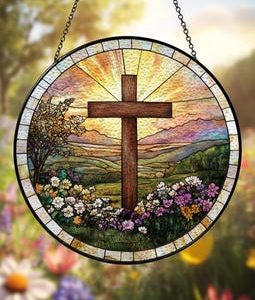 Cross And Wildflowers Suncatcher, Christian Strained Glass, Cross And Wildflowers Windows Hanging, Flower Cross Gift For Religious