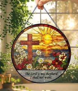 Custom Christian Cross Suncatcher, Religious Window Hanging with Flowers and Sunrise, Memorial Faith Gift for Believers