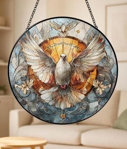 Holy Spirit Dove Stained Glass Suncatcher, Christian Round Window Hanging, Peaceful Spiritual Decor, Dove Ornament, Religious Gift
