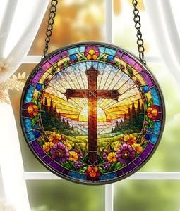 Christian Cross Stained Glass Suncatcher, Religious Home Decor, Christian Window Hanging with Floral Design, Memorial Cross Suncatcher