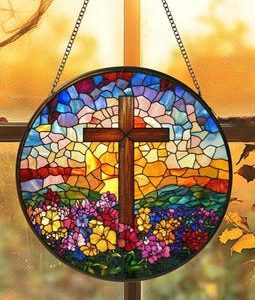 Personalized Stained Glass Cross Wildflowers Suncatcher, Christmas Trees Stained Glass, Christian Glass Window Hanging, Religious Faith Gift