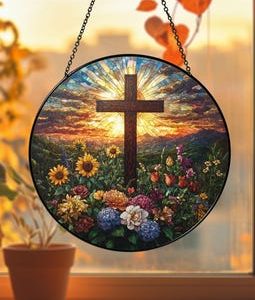 Cross and Wild Flower Glass Suncatcher, Cross Sunset Glass Suncatcher, Christian Cross Windows Hanging, Flower Cross Gift For Religious