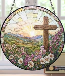 Christian Cross Wildflowers Stained Glass Suncatcher, Christian Faith Window Hanging, Christian Faith Home Decor, Cross Gift For Religious