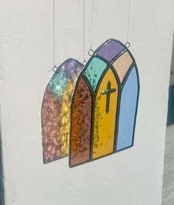Stained Glass Mini Church / Cathedral Window with Cross Suncatcher - Spring / Easter Decor - Handcrafted