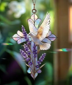 Dove and Lavender Cross Stained Glass Style Suncatcher, Christian Window Hanging Memorial Gift