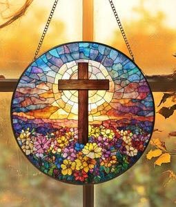 Cross Wildflowers Stained Glass Suncatcher, Christian Glass Window Hanging Decor,Flora Cross Religious Faith Gift,Mother's Day Gifts,Grandma