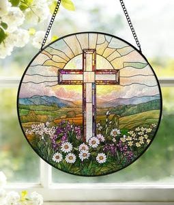 Personalized Stained Glass Cross Wildflowers Suncatcher Christian Window Hanging Cross Sunset Window Glass Religious Faith Gift S27