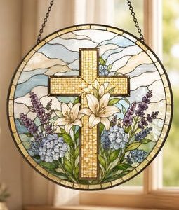 Christian Cross Wildflower Stained Glass Suncatcher, Floral Easter Window Hanging