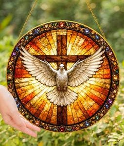 Holy Spirit Cross Dove Stained Glass Window Suncatcher, Christian Faith Hanging Decor, Religious Home Ornament Art Piece - Golden Frame