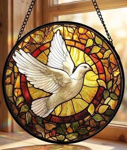 White Dove Stained Glass Suncatcher, Holy Spirit Window Hanging Art, Peace Dove Mosaic Acrylic Ornament, Spiritual Religious Christian Gift