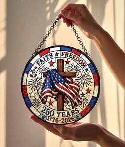 Faith Freedom Stained Glass Suncatcher, American Flag Cross Window Hanging, USA 250 Years Patriotic Christian Decor Gift,4th of July Gift