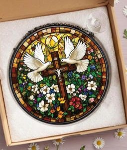 Christian Dove Cross Stained Glass Suncatcher, Religious Window Hanging Decor, Faith Inspired Ornament, Church Gift for Christian Home Art