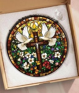 Christian Cross Suncatcher, Dove Stained Glass Window Hanging, Religious Faith Decor, Spiritual Christian Gift, Church Inspired Ornament