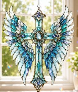 Angel Wing Cross Acrylic Suncatcher, Christian Window Hanging, Faith Decor, Crystal Suncatcher Cross, Prism Suncatcher Gift