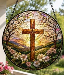 Christian Cross Stained Glass Suncatcher, Mountain Sunrise Floral Window Hanging, Faith Home Decor