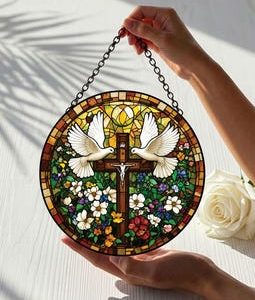 Christian Cross Suncatcher, Dove of Peace Window Hanging, Religious Stained Style Decor, Faith Gift for Christians