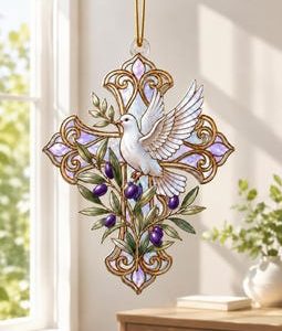 Dove Olive Branch Stained Glass Style Ornament – Acrylic Christian Suncatcher, Peace and Faith Window Hanging Decor, Spiritual Gift