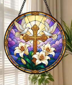 Cross and Dove Stained Glass Suncatcher, Christian Window Hanging, White Lily Faith Decor, Religious Gift